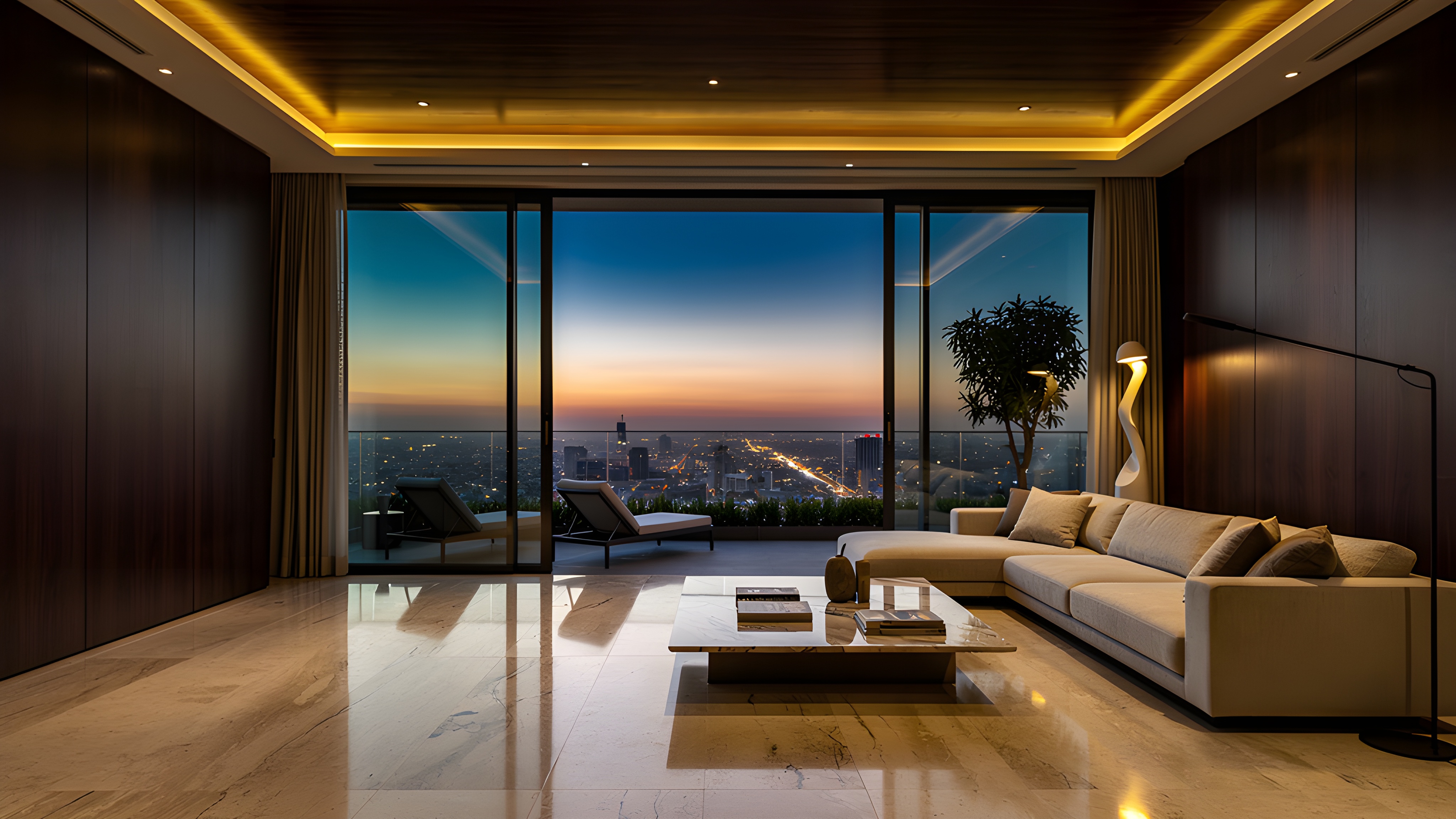 Lujoso penthouse con vista panorámica al atardecer en CDMX | Monarca Brokers Sala de estar de penthouse de lujo con acabados en madera oscura, pisos de mármol y terraza con vista panorámica de la ciudad al atardecer — propiedades exclusivas Monarca Brokers en Polanco y Lomas de Chapultepec.