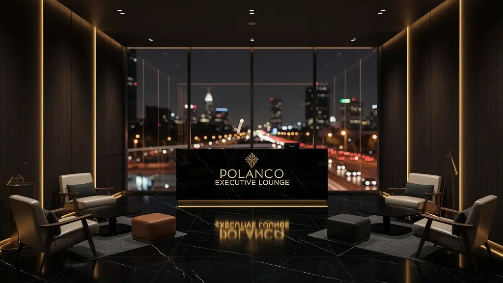 Asesoría Inmobiliaria Exclusiva Monarca Sala de juntas privada en corporativo de lujo en Polanco con vista nocturna a la ciudad, ambiente exclusivo para asesoría patrimonial de Monarca Brokers.